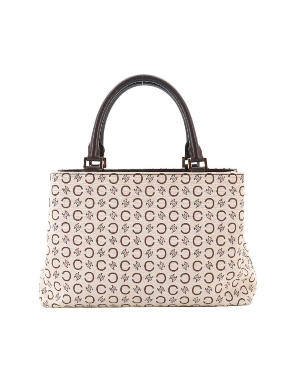 Celine C Macadam Hand Bag Canvas Leather Beige Brown Gold Vintage